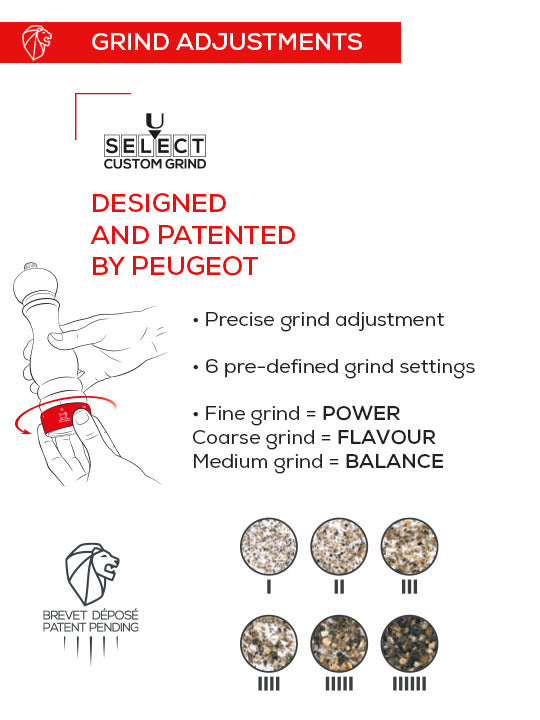 Peugeot | Paris u'Select Wooden Pepper Mill, Satin Black, featuring precise grind adjustments and six settings, illustrated with usage instructions and patented mechanism details.