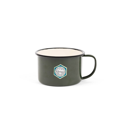 Crow Canyon Home | Camp Wandawega x CCH Enamelware Soup Mug - Forest Green and Cream with Black Rim, designed for nostalgic outdoor cooking experiences.