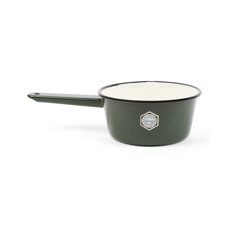 Crow Canyon Home enamelware sauce pot in mustard yellow with a cream interior and brown rim, featuring a sturdy handle, ideal for versatile cooking tasks.