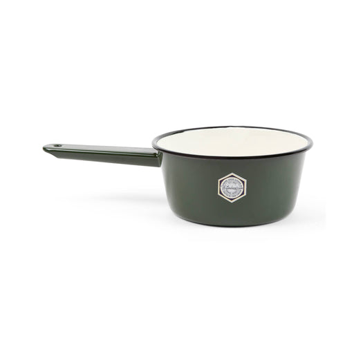 Crow Canyon Home enamelware sauce pot in mustard yellow with a cream interior and brown rim, featuring a sturdy handle, ideal for versatile cooking tasks.