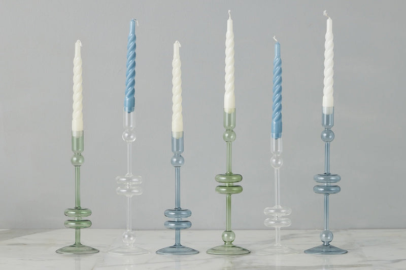 Clear Glass Large Pair Candlestick from Etú HOME, elegantly designed for versatile home decor, perfect for enhancing any dining or living space.