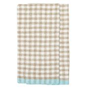 Caravan Home | Gingham Natural & Aqua Towels: A folded, textured kitchen towel with beige gingham checks and aqua-blue hem, ideal for adding charm to your kitchen.