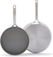 GreenPan GP5 Stainless Steel Ceramic Frypans set includes 10 and 12 pans with diamond-reinforced ceramic coating and seamless handles for professional cooking.