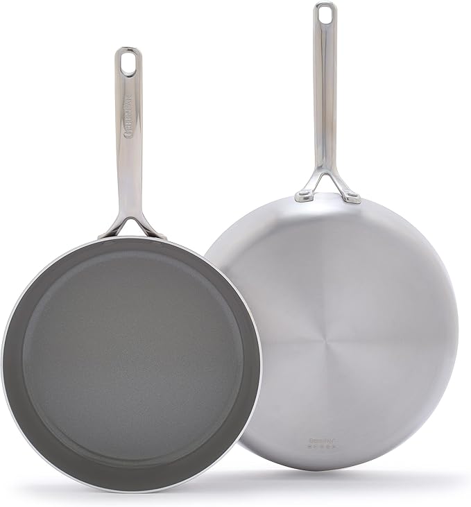 GreenPan GP5 Stainless Steel Ceramic Frypans set includes 10 and 12 pans with diamond-reinforced ceramic coating and seamless handles for professional cooking.