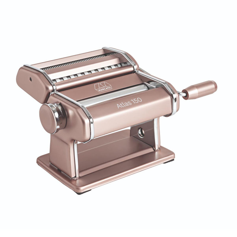 Marcato | Atlas 150 Pasta Maker (Ice) displayed with adjustable dial for thickness control, ideal for crafting homemade lasagne, fettuccine, and tagliolini at home.