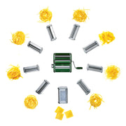 Marcato | Atlas 150 Pasta Maker surrounded by pasta, showcasing its manual design for rolling and cutting fresh homemade pasta, ideal for lasagne, fettuccine, and tagliolini.