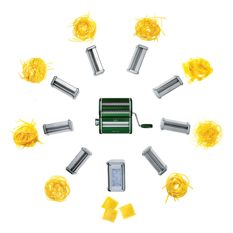 Marcato | Atlas 150 Pasta Maker surrounded by pasta, showcasing its manual design for rolling and cutting fresh homemade pasta, ideal for lasagne, fettuccine, and tagliolini.