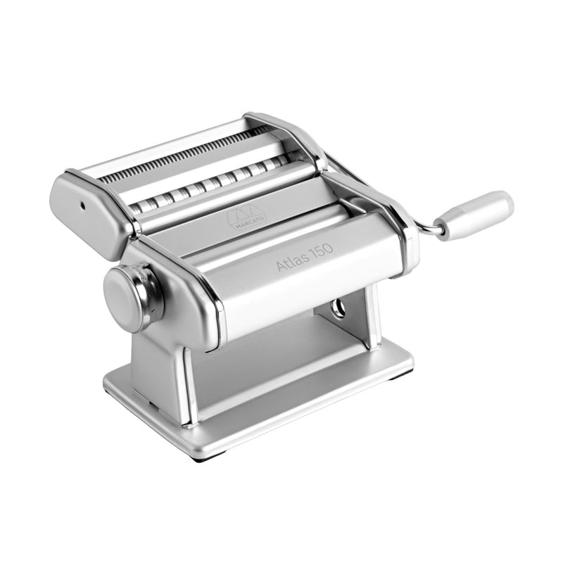 Marcato | Atlas 150 Pasta Maker (Ice) in action, showcasing its manual design for rolling and cutting pasta dough into lasagne, fettuccine, and tagliolini.