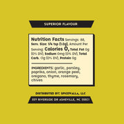Spicewalla | Garlic & Herb seasoning label, highlighting a zesty blend of garlic, herbs, and orange peel for versatile cooking. Contains zero calories and minimal carbs.