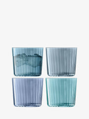 Set of four LSA International Gems Tumblers, 19oz each, with fine fluted texture, hand-painted to resemble gemstone facets. Ideal for both casual and formal occasions.