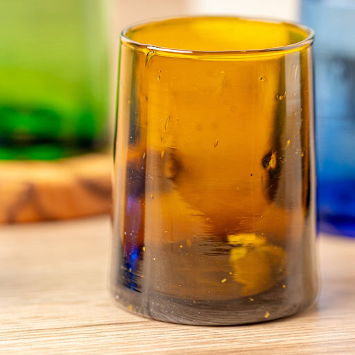 Moroccan Cone Glassware Small - Amber - Set of 6, featuring hand-blown cone-shaped glasses with visible bubbles, perfect for beverages or as decorative vases.