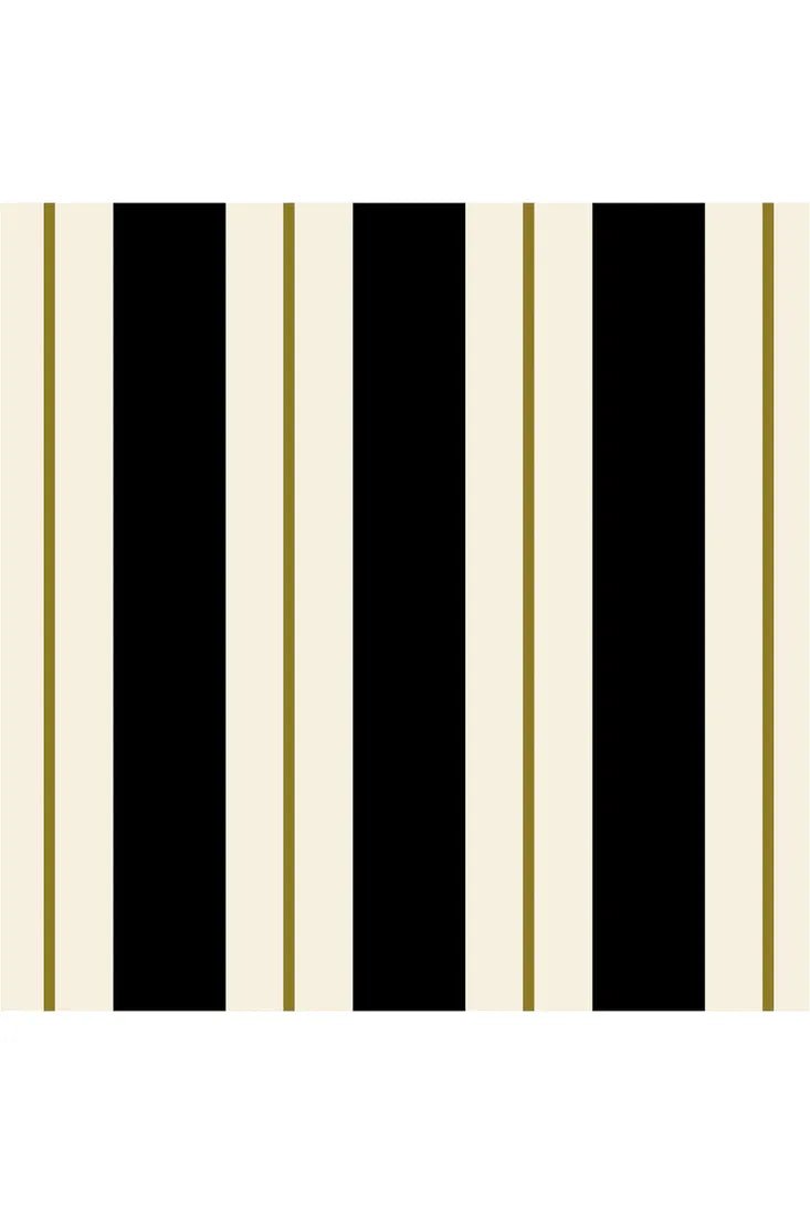 Hester & Cook Gold Celebration Collection's Black & Gold Awning Stripe Cocktail Napkins, featuring luxury foil accents for elegant festive occasions.