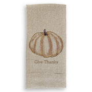 White guest towel featuring a gold pumpkin embroidery, adding elegance and utility. Part of Athens Cooks' curated collection of high-quality linens.