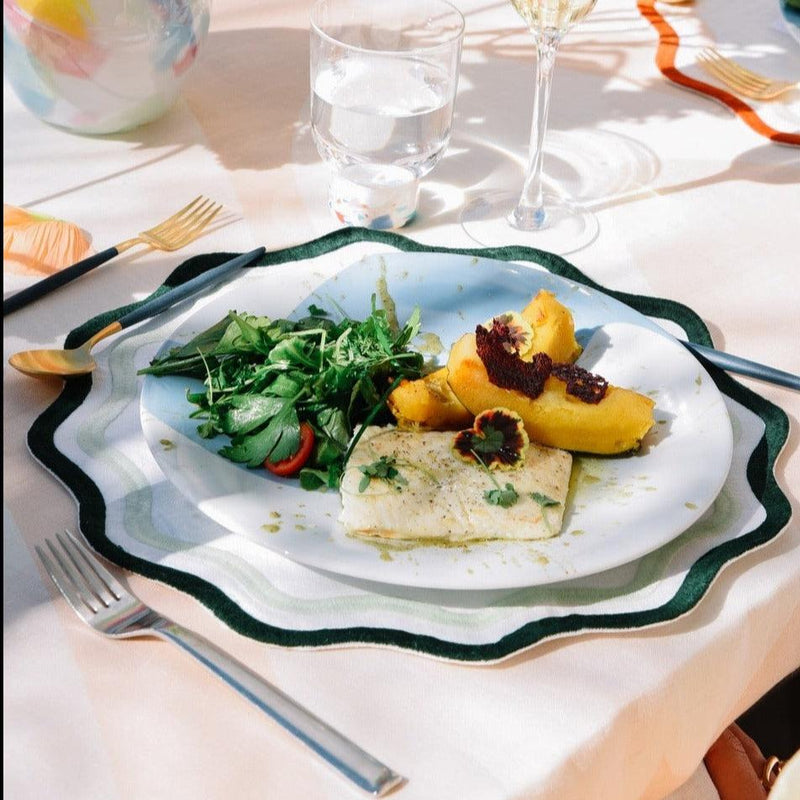 Misette | Colorblock Embroidered Linen Placemats in Dark Green/Sage, Set of 4
