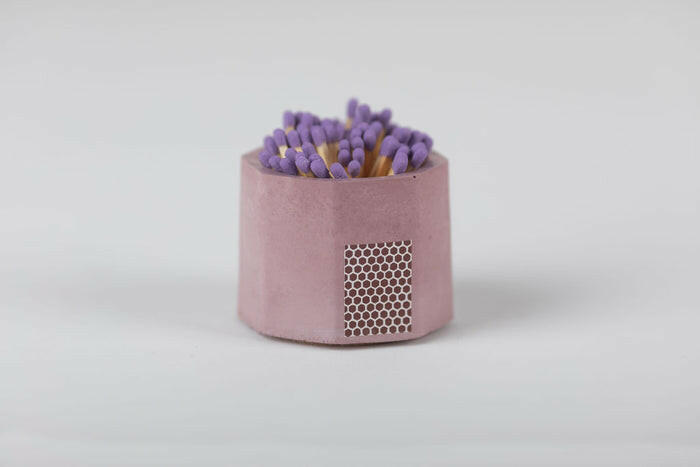 Close-up of Tenn Prairie Match Holders with Striker, featuring a hand-poured concrete holder and approximately 70 matches.