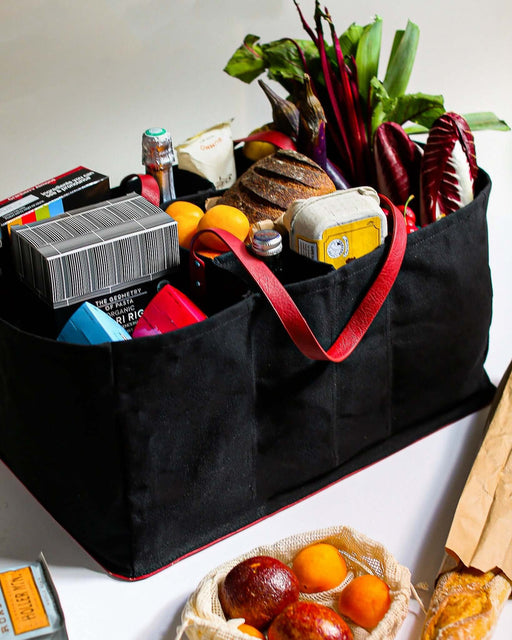CapaBunga | Grocery Tote with compartments, designed for secure transport of groceries, featuring sturdy construction and stylish vegan leather base, ideal for Athens Cooks' culinary customers.
