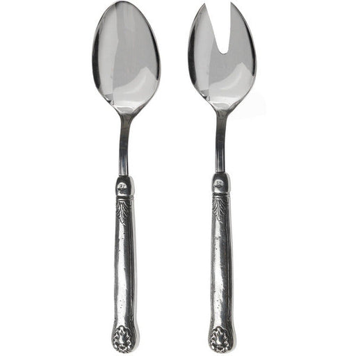 Arte Italica & Crown Linen Designs Hotel Collection Salad Servers: ornate Italian pewter and stainless steel set with distinct vintage detailing, ideal for elegant table settings.