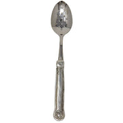 Arte Italica & Crown Linen Designs Hotel Collection Slotted Spoon, intricately pierced for straining. Handcrafted in Lombardy, merging Italian pewter with stainless steel for an elegant, heirloom feel.