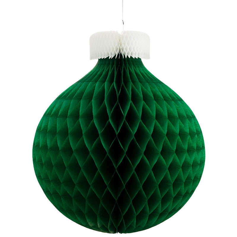 Hester & Cook | Medium Classic Ornament - Green, a spherical hanging decoration with honeycomb tissue design, ideal for enhancing holiday decor with festive charm.