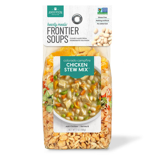 Anderson House | Frontier Soups, Colorado Campfire Chicken Stew Mix, 7 oz package; gluten-free, non-GMO, serves 8, featuring dried vegetables, no added salt.