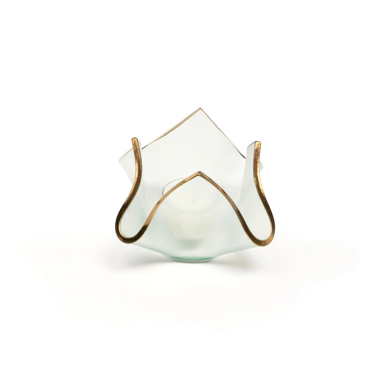 Annie Glass | 4 x 4 x 3 - Single Handkerchief Votive: Frosted glass with gold rim, curved flower shape, ideal for votives or decor in elegant settings.