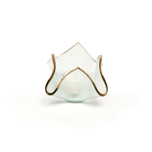 Annie Glass | 4 x 4 x 3 - Single Handkerchief Votive: Frosted glass with gold rim, curved flower shape, ideal for votives or decor in elegant settings.