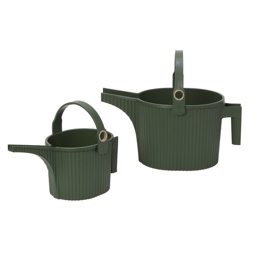 Hachiman Beetle set: Two ribbed green watering cans, small and large, with ergonomic handles and grooved spouts for precise watering, suitable for indoor and outdoor use.