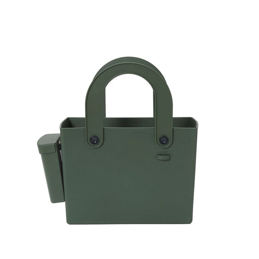 Hachiman | Garden Tool Bag Garden Green, a rigid olive-green tote with U-shaped handles, perfect for organizing garden tools, featuring a side pocket for small items.