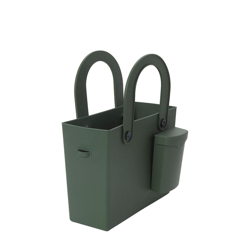 Hachiman Garden Tool Bag with fold-up handles, open compartment, and snap-on bin for organizing garden tools. Durable, easy to clean, ideal for gardening tasks.