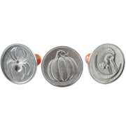Nordic Ware Halloween Cookie Stamps - Cat: Silver stamps with orange handles, featuring spider, pumpkin, and cat designs for creating festive cookie imprints.