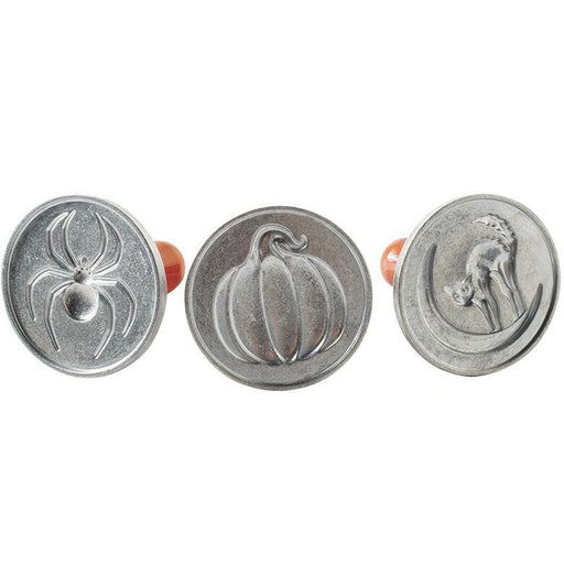 Nordic Ware Halloween Cookie Stamps - Cat: Silver stamps with orange handles, featuring spider, pumpkin, and cat designs for creating festive cookie imprints.