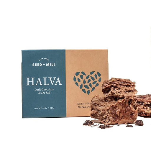 Seed + Mill's Halva - Dark Chocolate & Sea Salt, showcasing its flaky texture and artisanal crafting from Ethiopian sesame seeds, perfect for dessert or coffee pairings.