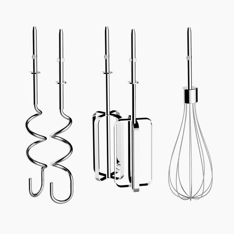 Dualit Hand Mixer, Polished Chrome: Trio of chrome attachments—spiral dough hooks, flat beaters, and a balloon whisk—designed for versatile mixing.