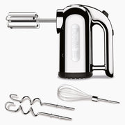 Dualit | Hand Mixer, Polished Chrome with standard beaters, dough hooks, and whisk attachments, perfect for versatile kitchen tasks.