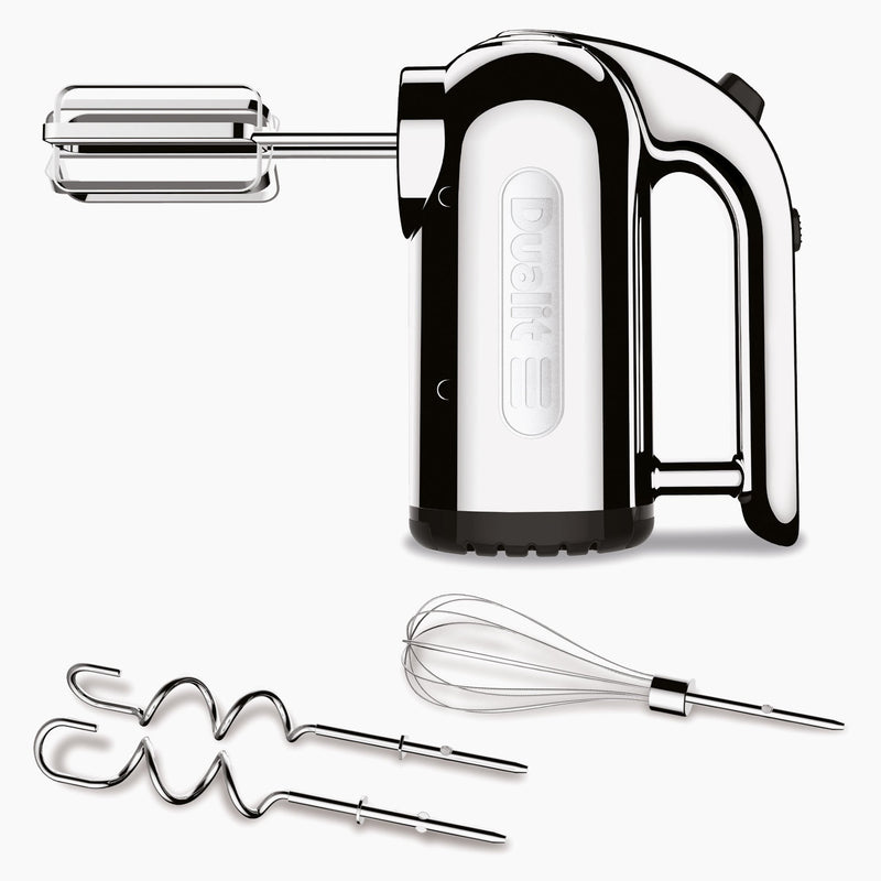 Dualit | Hand Mixer, Polished Chrome with standard beaters, dough hooks, and whisk attachments, perfect for versatile kitchen tasks.