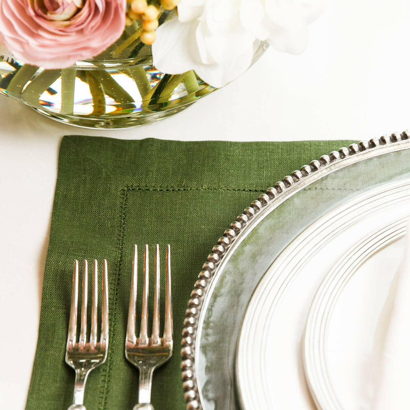 Crown Linen Designs | Hemstitch Placemat - Evergreen showcased with a close-up of the elegant hemstitch pattern, enhancing any dining setting with sophisticated detail.
