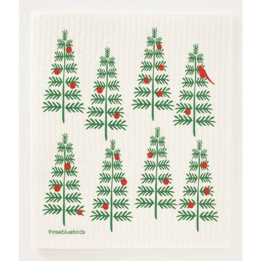 Three Bluebirds Swedish Dishcloths featuring festive embroidery with Christmas trees and berries, designed for sustainability and durability. Perfect for adding cheer to kitchen chores.