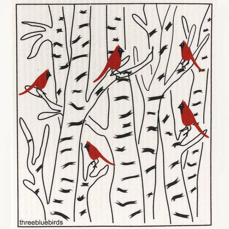 Three Bluebirds Swedish Dishcloths featuring a red bird illustration, designed for durability and sustainability, perfect for adding cheer to kitchen chores.