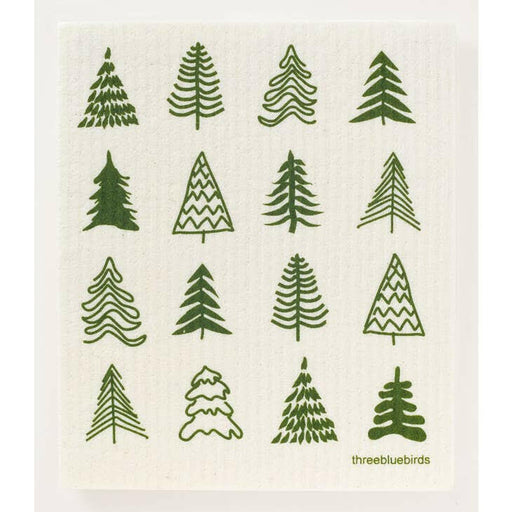 Three Bluebirds Swedish Dishcloths featuring a green zigzag Christmas tree pattern, designed for sustainability and durability, perfect for adding festive cheer to your kitchen chores.