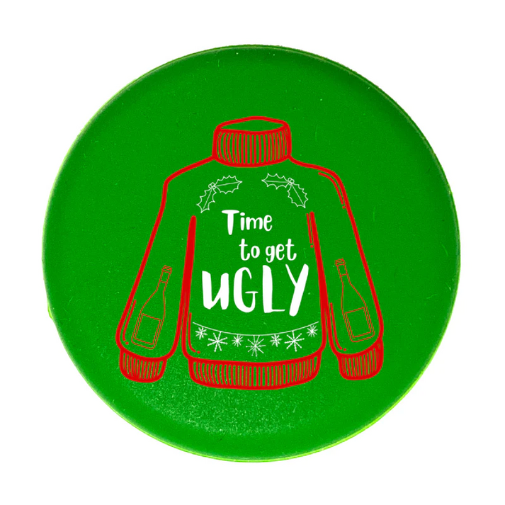 CapaBunga | Holiday Wine Caps - Time to Get Ugly, featuring a whimsical green and red sweater design, ideal for festive wine bottle gifting.