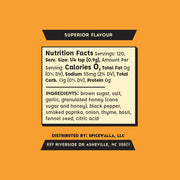 Spicewalla | Honey & Herb Rub label showing nutrition facts and ingredients like brown sugar, smoked paprika, and thyme, ideal for enhancing proteins, veggies, and grains.