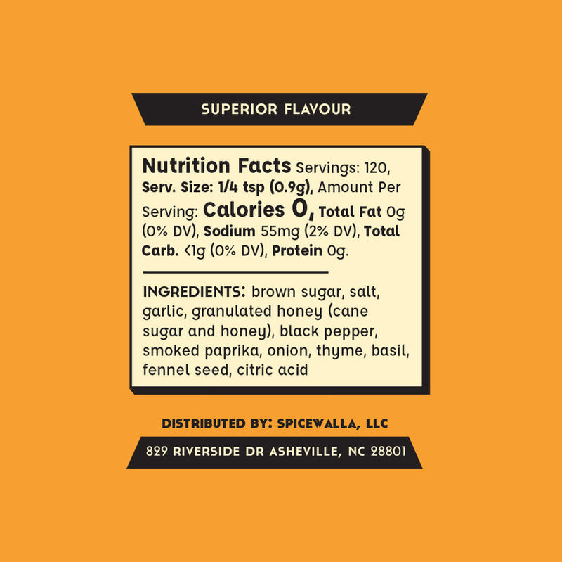 Spicewalla | Honey & Herb Rub label showing nutrition facts and ingredients like brown sugar, smoked paprika, and thyme, ideal for enhancing proteins, veggies, and grains.