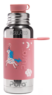 PURA STAINLESS Big Mouth® Sport 16oz Insulated Bottle with pink unicorn-themed silicone sleeve, ideal for style and function from Athens Cooks' curated kitchen collection.