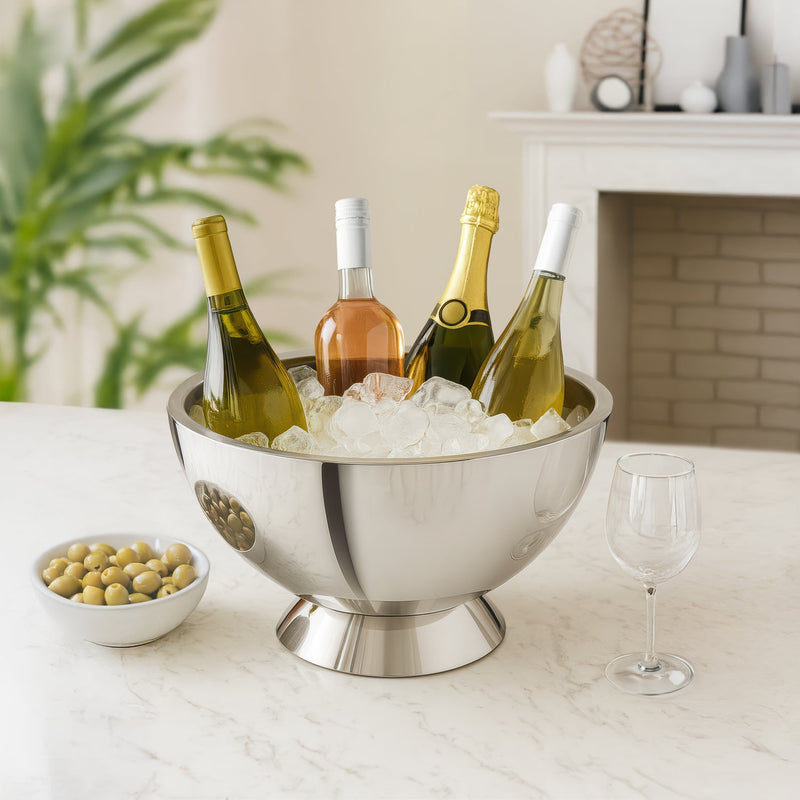 Final Touch | Double-Wall Beverage Bin filled with ice and wine bottles on a marble countertop, showcasing its sleek design for versatile entertaining.
