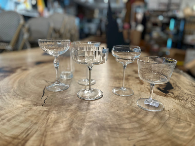 Bormioli | Vintage Mix Cocktail Glass Collection, Set of 6, elegantly displayed on a wooden table, showcasing diverse etched patterns in a stylish kitchen store setting.