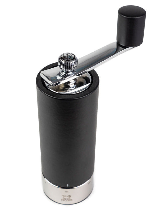 Peugeot | Isen Pepper Mill, Matte Black: A manual burr mill with a black wooden body, chrome accents, and adjustable grind settings for precision seasoning.