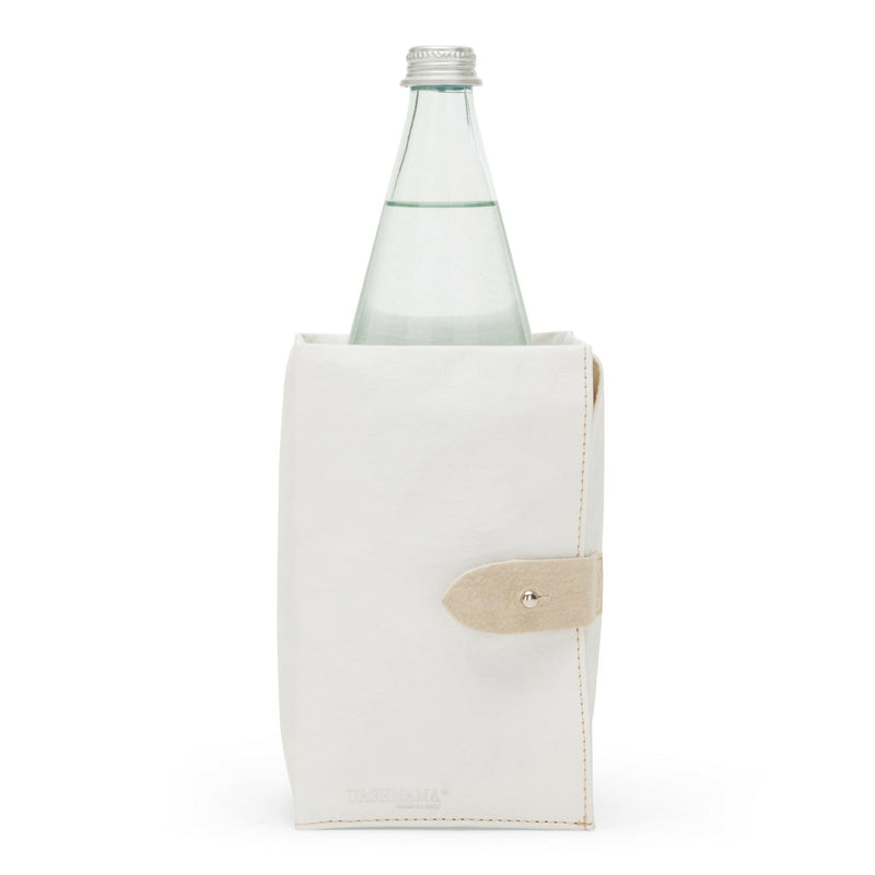 UASHMAMA Ice-Cube Beverage Chiller – White, ergonomic washable paper design, close-up of bottle fit and ice pack placement, ideal for chilling wine or champagne.