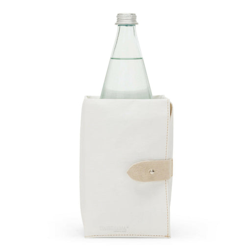 UASHMAMA Ice-Cube Beverage Chiller – White, ergonomic washable paper design, close-up of bottle fit and ice pack placement, ideal for chilling wine or champagne.