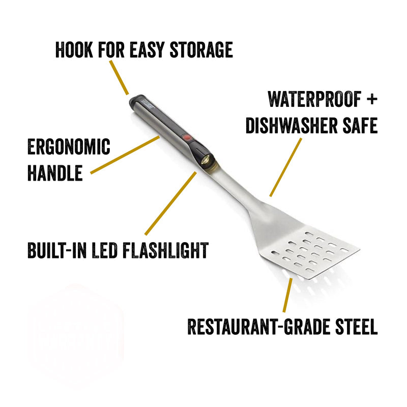 GrilLight | Gift Set - 2 Piece Spatula + Tongs featuring LED lights for optimal grilling visibility, crafted from stainless steel. Perfect for evening barbecues and gifts.