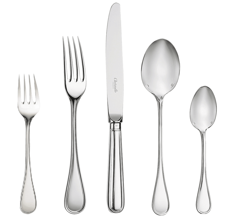 Christofle | 5-Piece Place Setting Albi, Silver Plated, featuring timeless, elegant flatware: salad fork, dinner fork, knife, tablespoon, and teaspoon, inspired by Albi Cathedral.